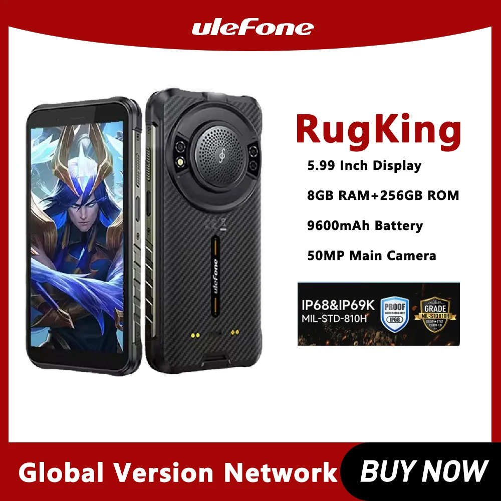 Ulefone 4G هاتف متين 5.99 "8GB 256GB الهاتف المحمول 9600mAh 50MP الكاميرا الرئيسية الهاتف الذكي أندرويد 15 NFC RugKing