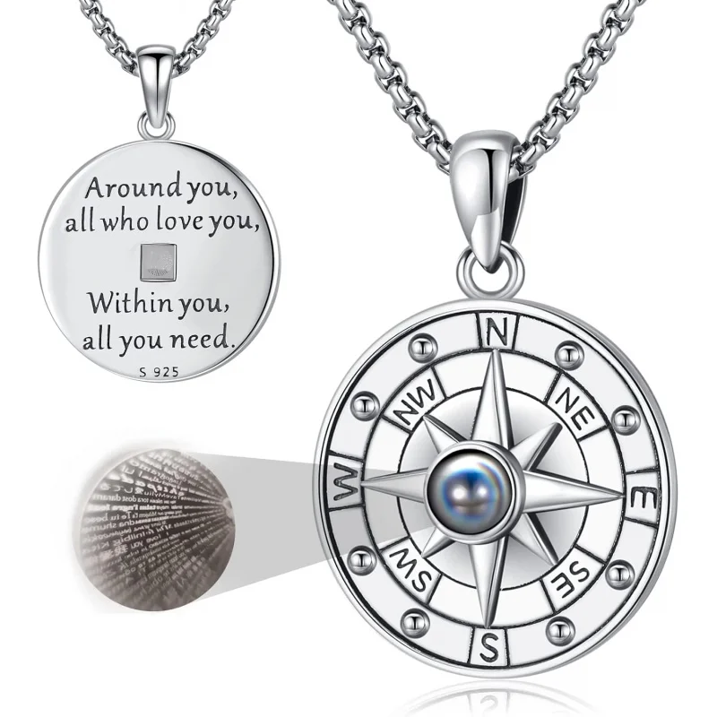 

S925 Sterling Silver Compass Urn Locket Necklace for Women Men, CZ Turquoise Picture Ashes Pendant Hypoallergenic Elegant Gift