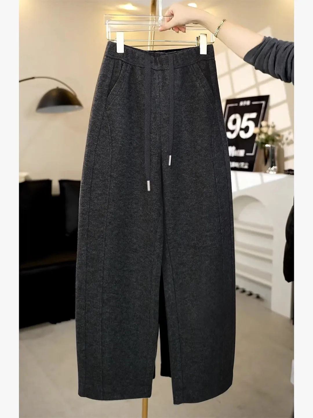 

Женские шерстяные повседневные брюки с высокой талией на флисовой подкладке, свободные прямые брюки-бананы, удобные, мягкие, с внутренней подкладкой из полиэстера