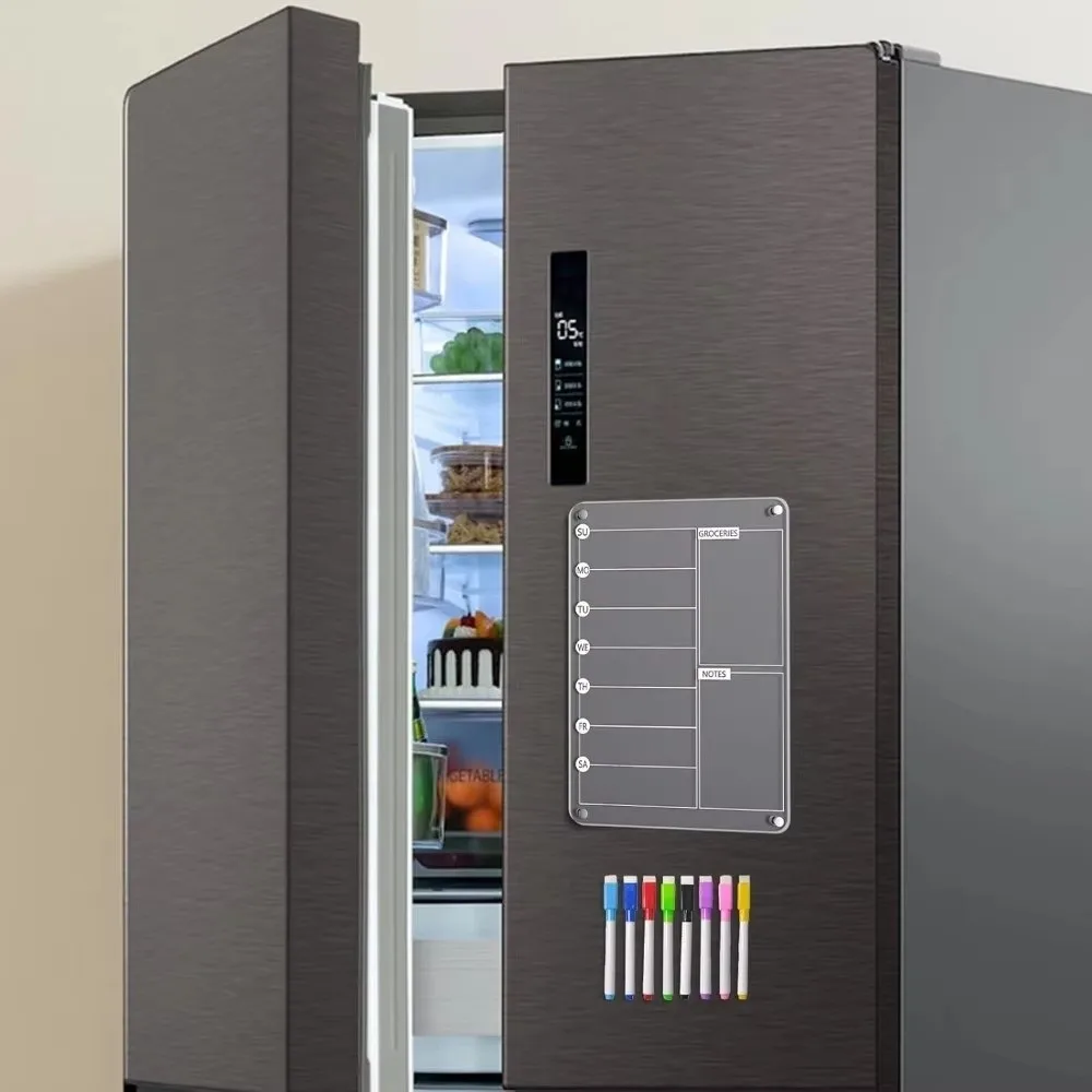 Reusable Fridge Weekly Calendar Multifunctional with 8 Markers Erasable Memo Board Removable Transparent Planning Note Board