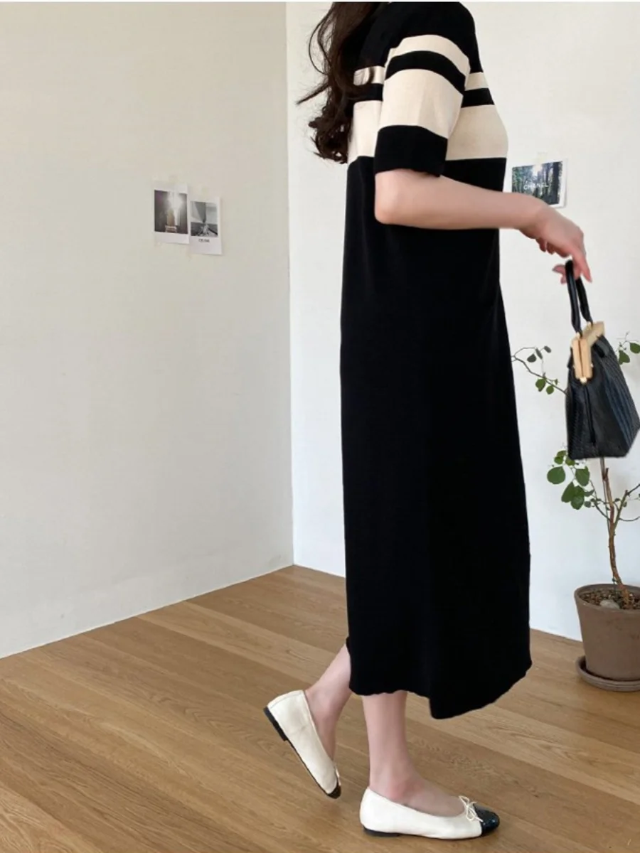 South korea Dongdaemun Chic Thin Knitted Mid-Length Loose Color Matching Wide Lady Bohemian Straight Dress