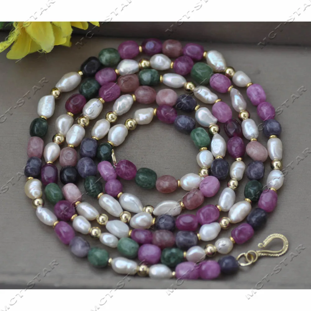 

MCT·STAR 50'' Natural Baroque Multicolor Tourmaline White Pearl Necklace CZ Custom Jewelry（Z13984）