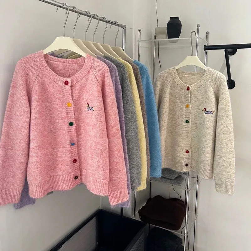 Women's Clothing New 2024 Autumn Cartoon Embroidery Colorful Buttons Knitted Cardigan Jacket Ageing Hundred Sweater Top