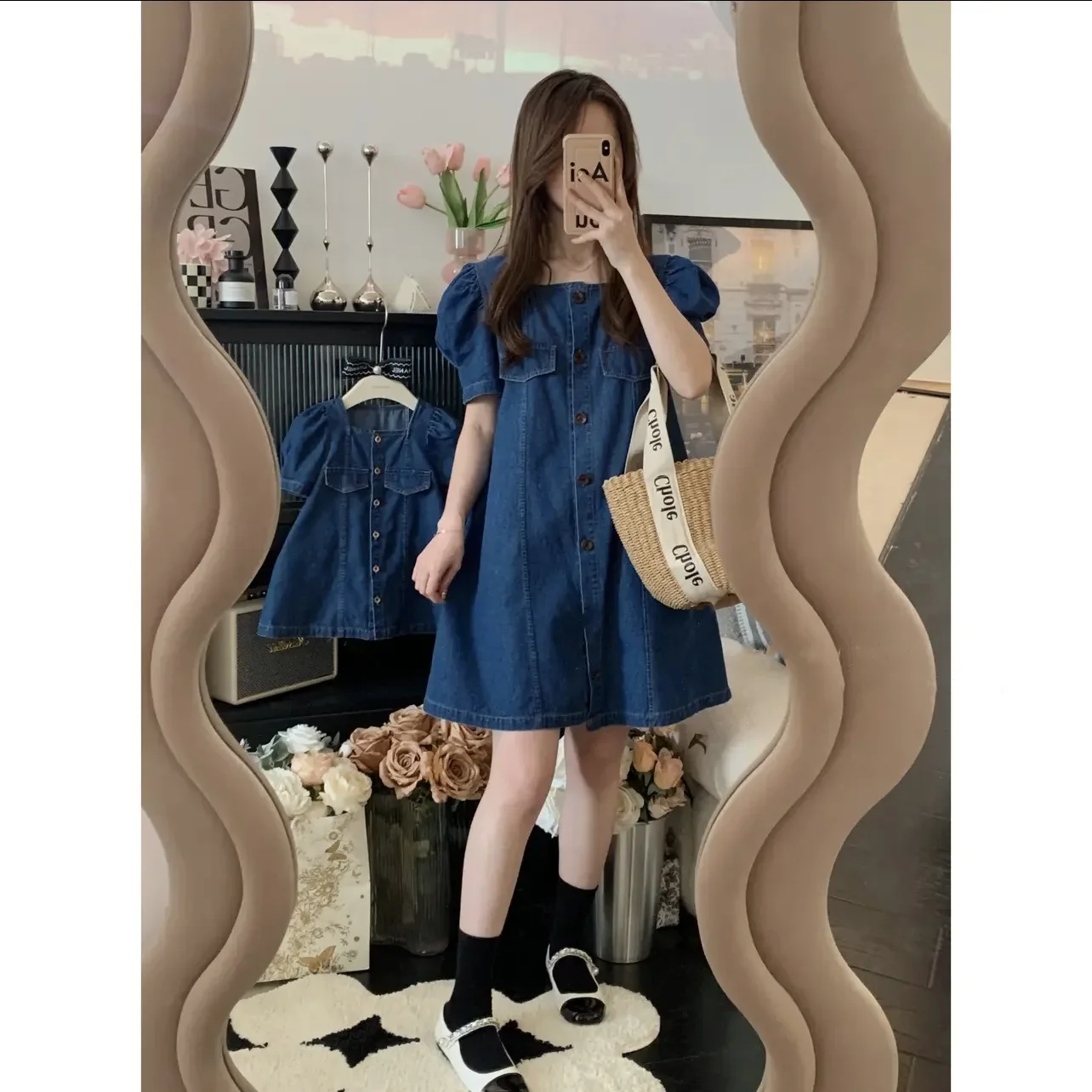 Mom Daughter Couple Look Denim Dress Mother and Girls Matching Equal Clothes Women Summer Blue Dresses Mommy and Baby Clothing