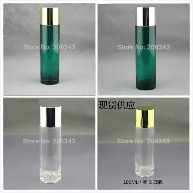 

100ml green/clear glass bottle with gold/silver screw lid plastic stopper for toner/toilet/water/lotion/emulsion/serum packing