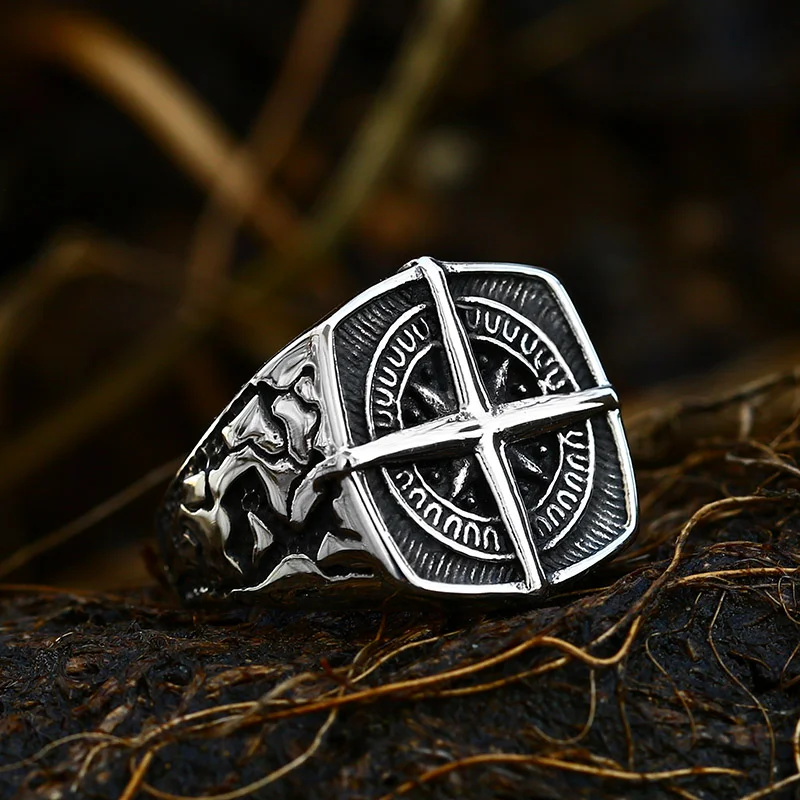 Beier 316L Stainless Steel Lychee Norse Viking Amulet Geometric Men Pirate Compass Cross Finger Ring Vintage Jewelry LR108