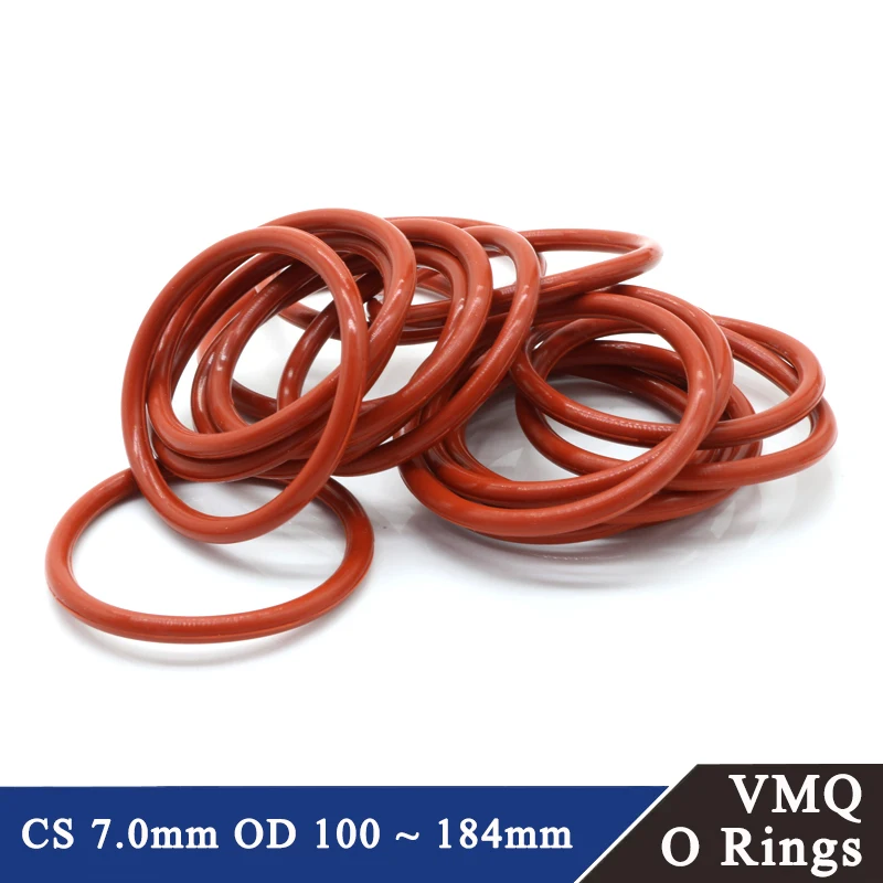 5Pcs Red Food Grade VMQ O Ring Gasket CS 7.0mm OD 100 ~ 184mm Waterproof  Washer Silicone Rubber Insulate Round O Shape Seal