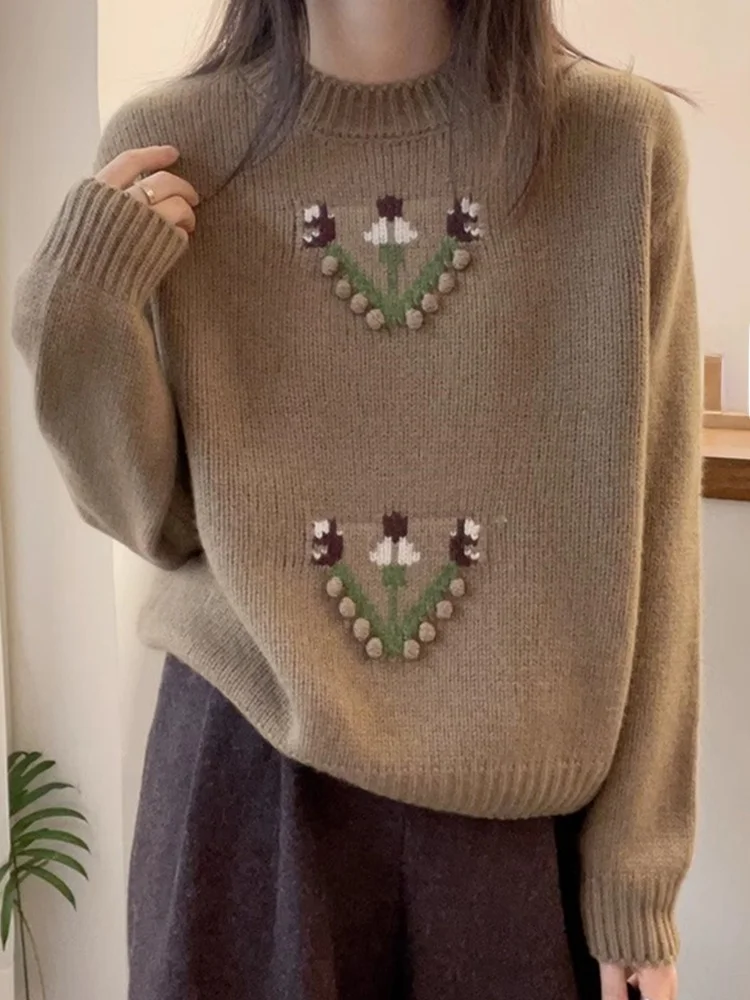 

Heavy Embroidery Flowers Wool Knitted Sweater Autumn Faion Loose Slimming Base irt Comfortable Soft Cozy Overhead Sweater