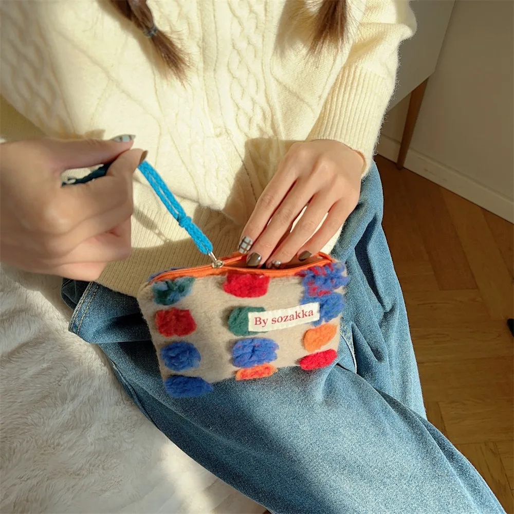 Creditcardhouder Pluche Stippen Pluche Portemonnee Mini Portemonnee Maandverband Opbergtas Mode Rits Cosmetische Tas Lippenstiften