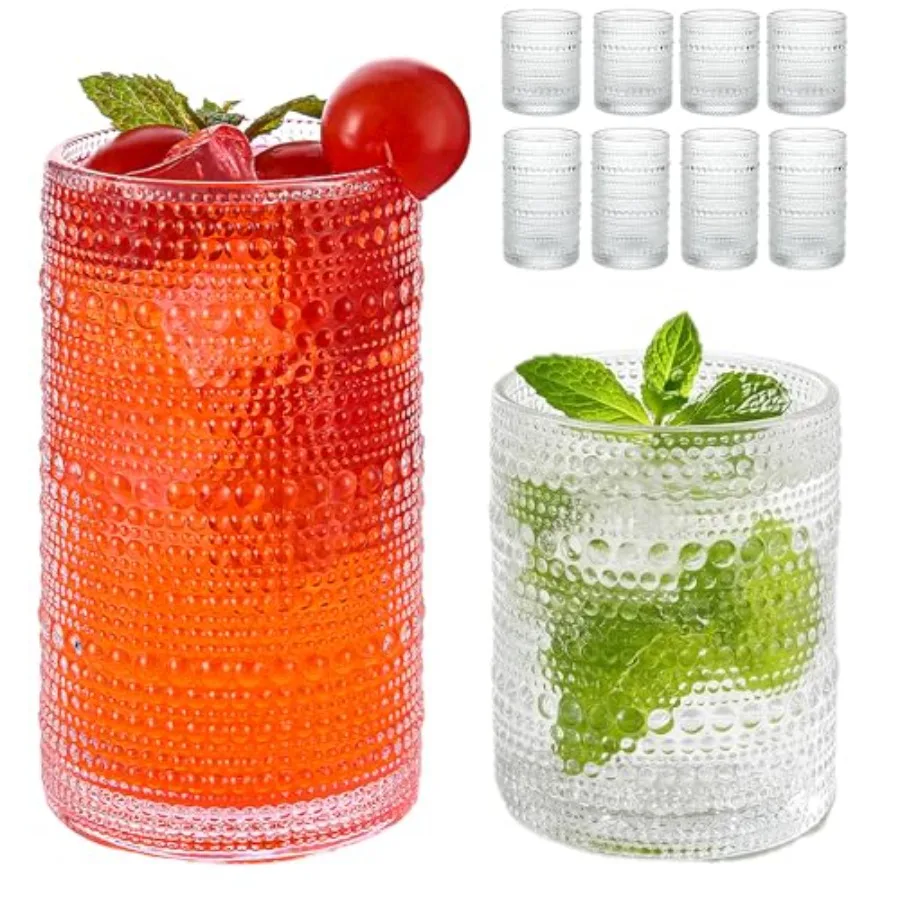 

Vintage Hobnail Drinking Glasses Set of 8, Clear 16 oz Highball Glasses and 12 oz Cocktail Glasses Set, Kitchen Drinkware Glass