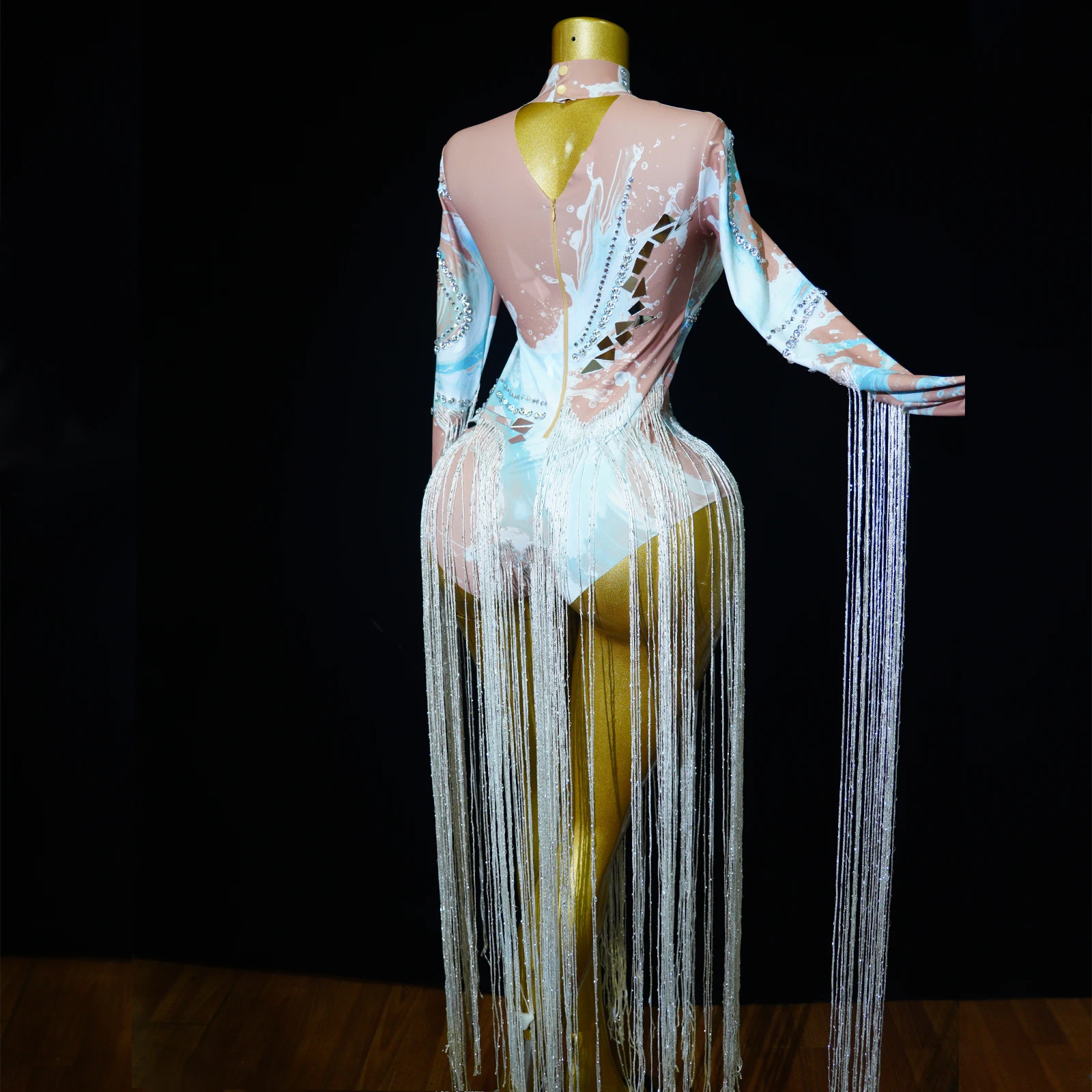 Luxurious Pendant Tassel Bodysuit New Shiny White Mirrored Bodysuit Party Birthday Club Party Drag Queen Singer Dance Costume view 2