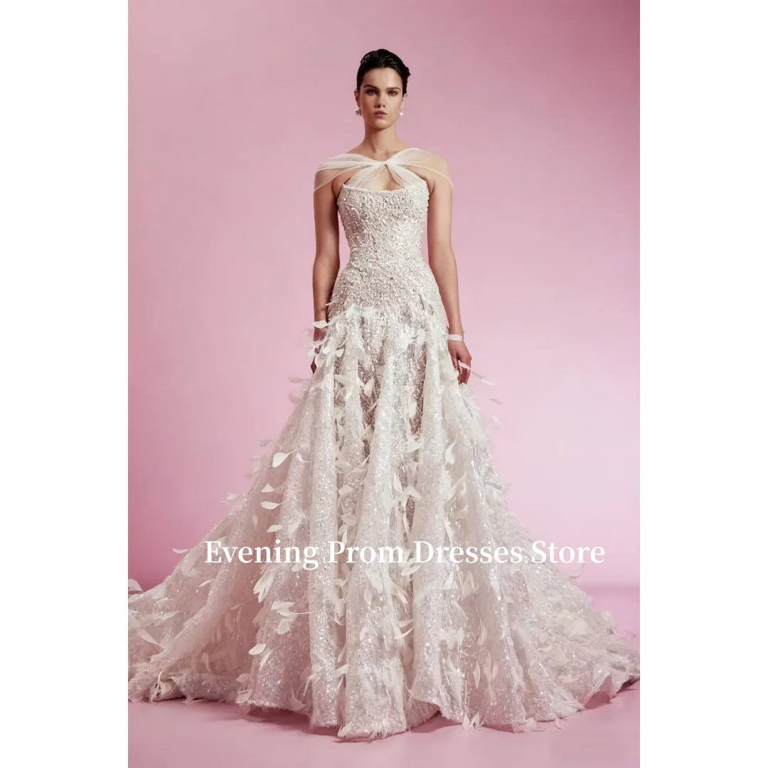 

Customized Elegant White Feather Wedding Dress Off Shoulder Sparkling Mermaid Bridal Dress Wedding Robe