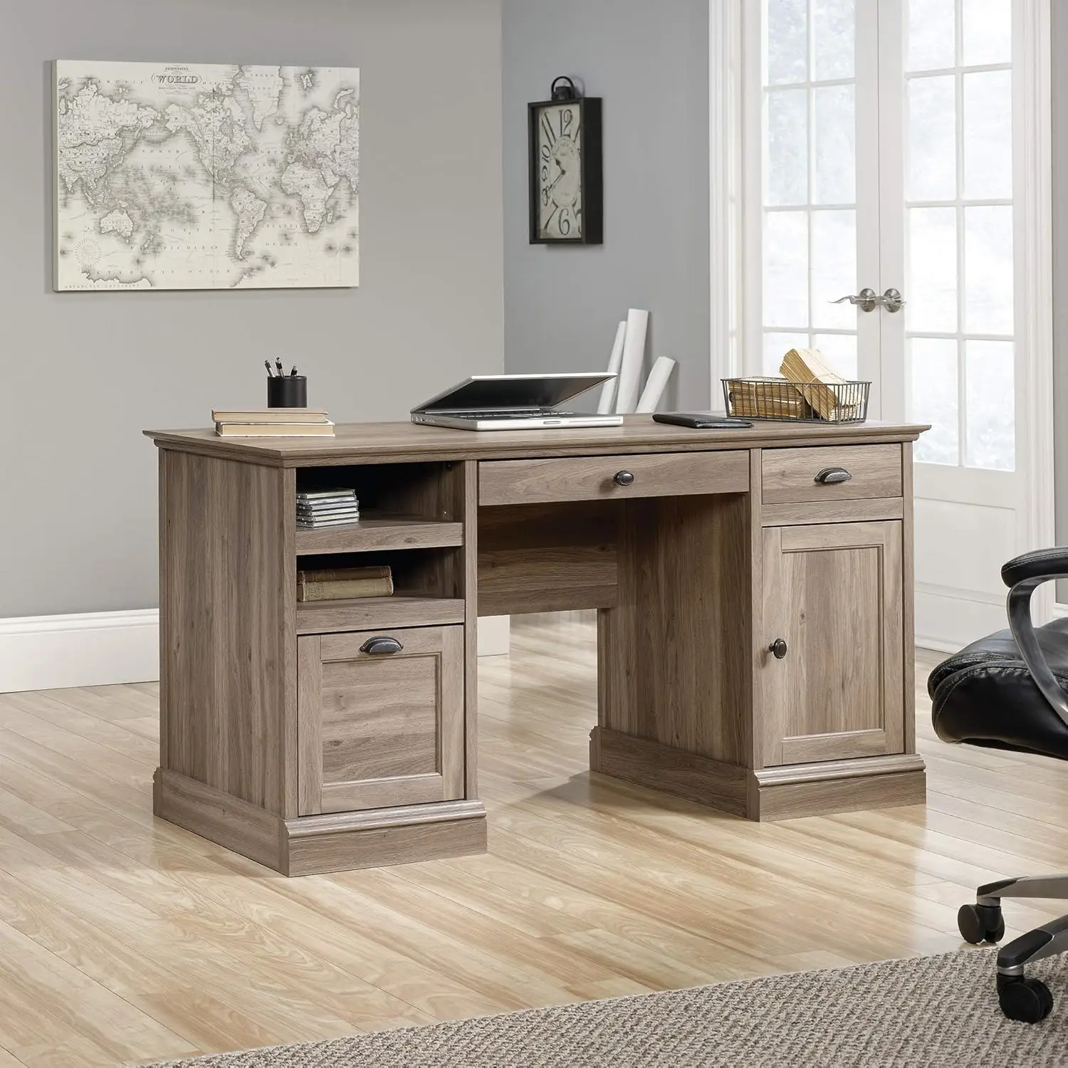 Executive Desk, Salt Oak Finish Two Drawers Feature Metal Runners and Safety Stops USA