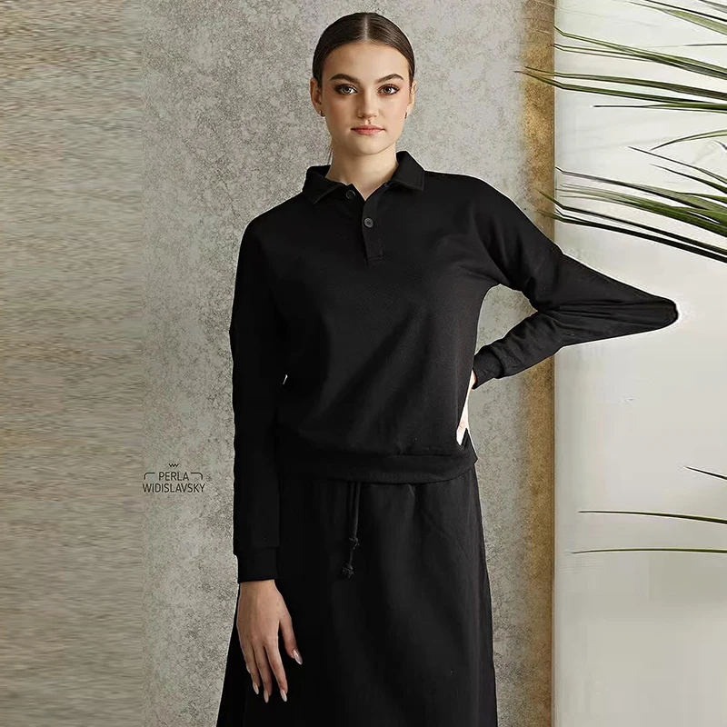 New Fall Women Lady Clothes Black Sweatshirt Shirt Maxi Waisted Skirt Long Sleeves Top Square Collar Girl Skirts with String Set