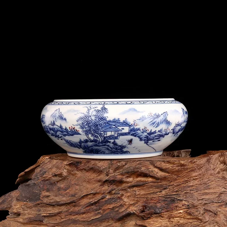 Qing Kangxi handpainted blue and white red glazed  tea bowl mountain people tea washer antique porcelain all hand painted