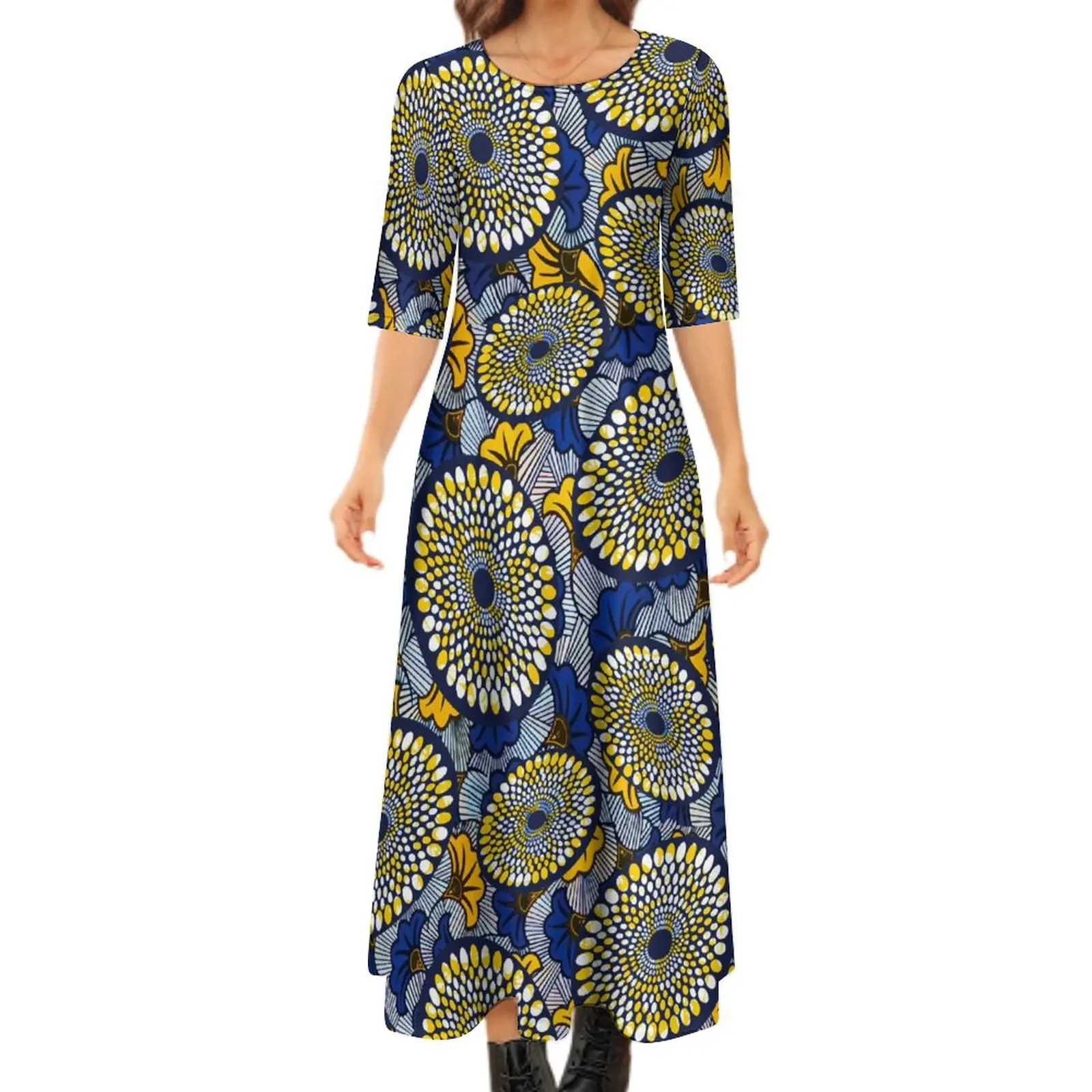 

Summer Women Relaxed Casual Temperament Crew-neck Fashion Dress Large Size Clothing Custom African Art Patterns