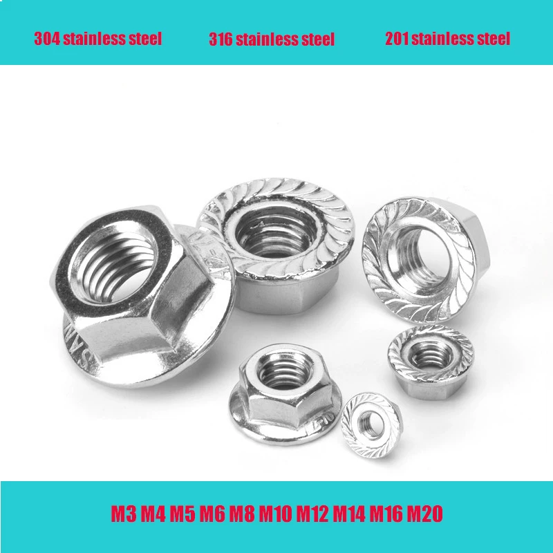 

5pcs Flange Nuts M3 M4 M5 M6 M8 M10 M12 M16 M20 304 Stainless Steel Pinking Automatic locking nut DIN6923 Serrated Spinlock