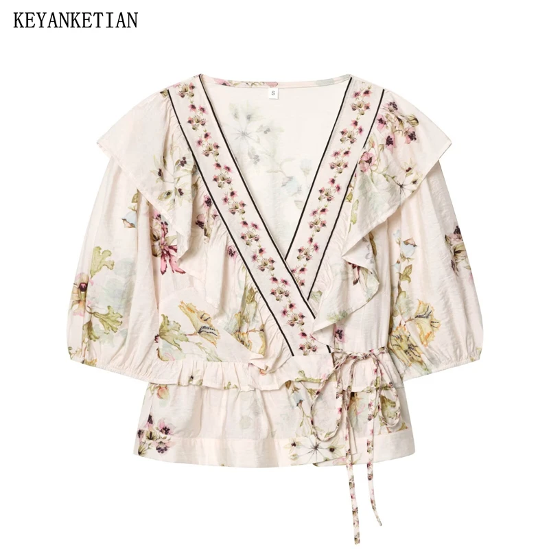 

KEYANKETIAN 2026 Summer New Vintage Floral Print Lace Trim Blouse Ladies V Neck Puff Sleeve Drawstring Waist Shirt Slim Crop Top