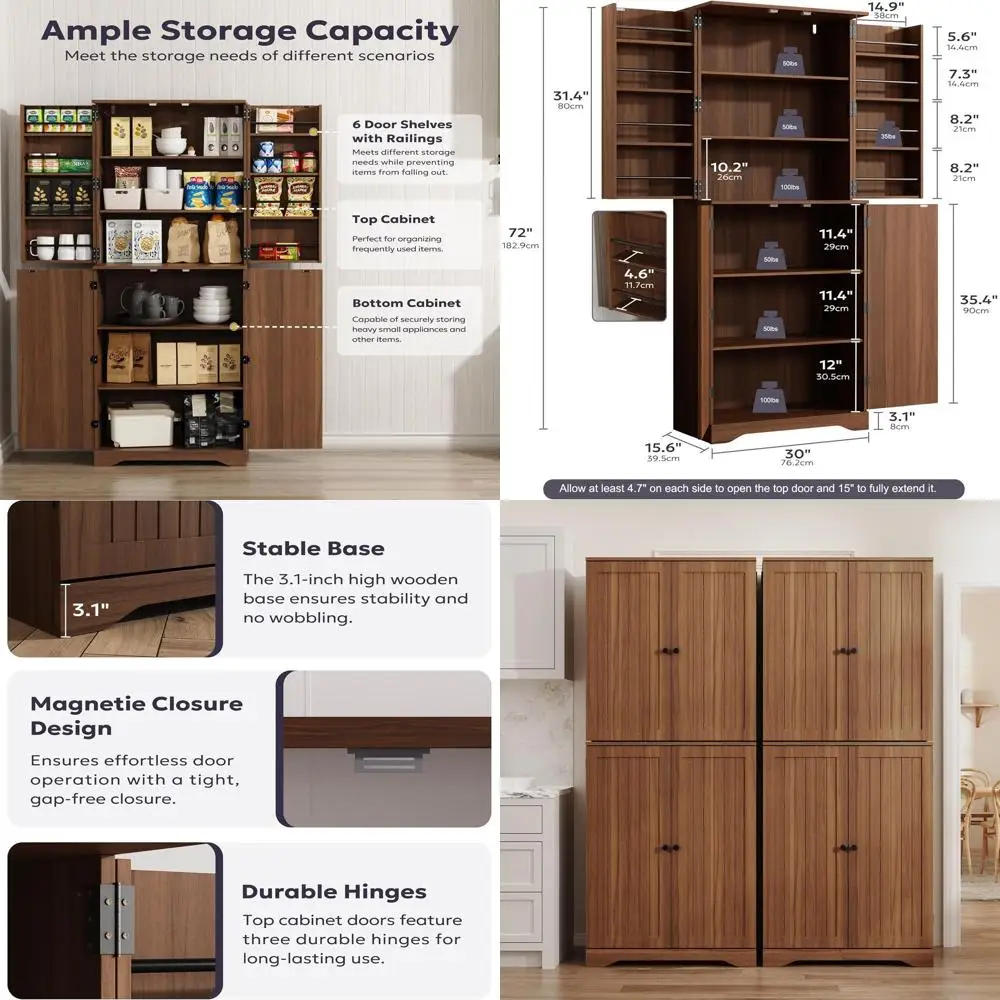 

72 Tall Rustic Kitchen Pantry Cabinet with Adjustable Shelves, Ideal for Storage in Kitchen, Dining Room, or Bathroom