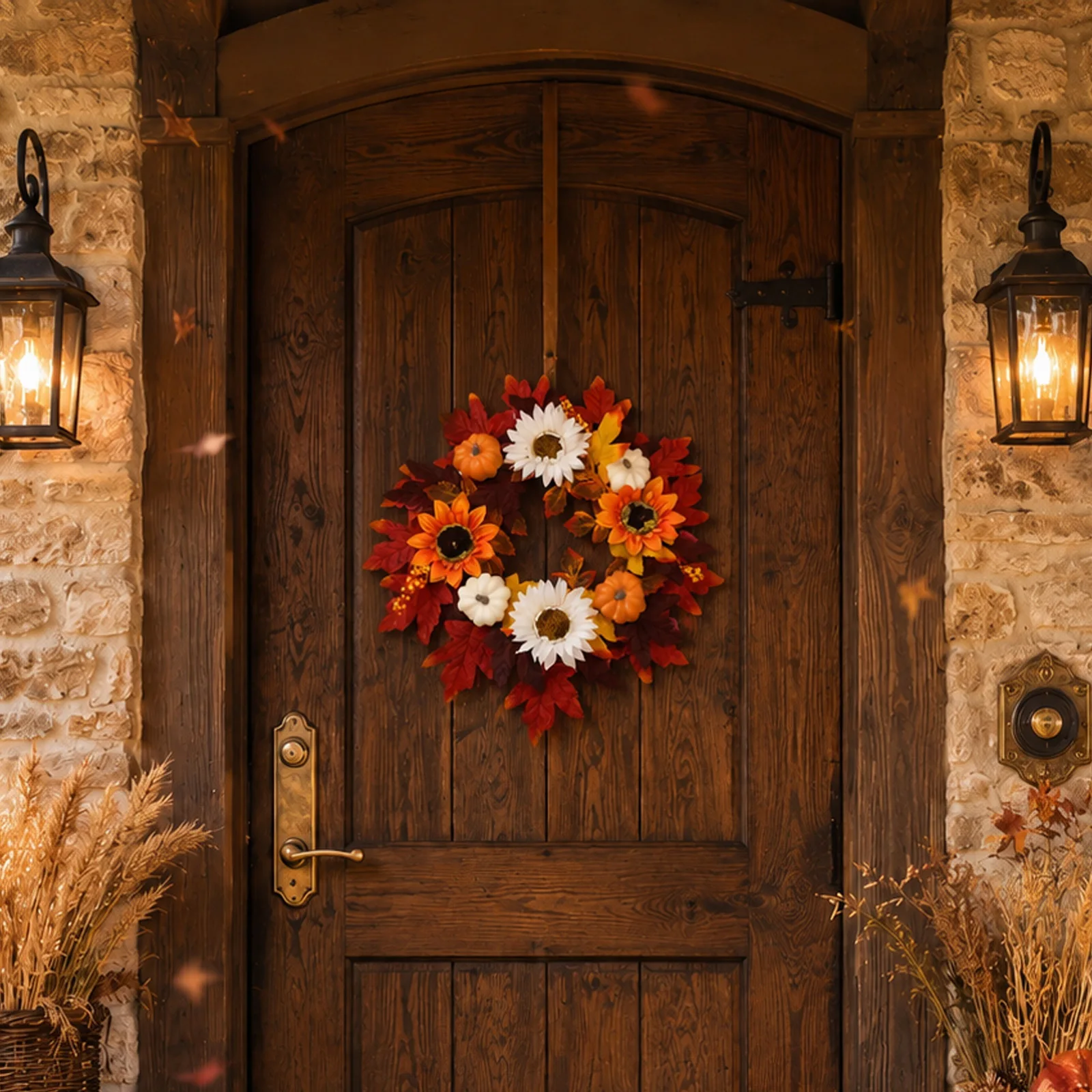 Artificial Harvest Wreath 17.72in/45cm with Layered Sunflowers Tiny Pumpkins and Printed Maple Leaves for Door