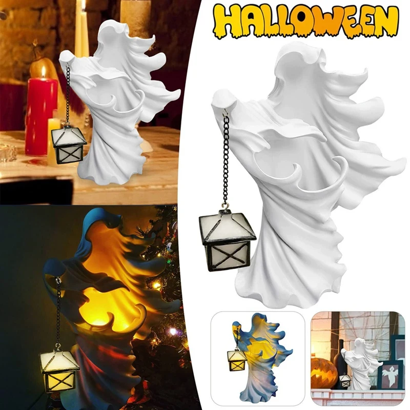 Ghost Halloween Witch Ornament with Lantern Energy Saving Resin Statue for Garden Courtyard Decor Black-A57M