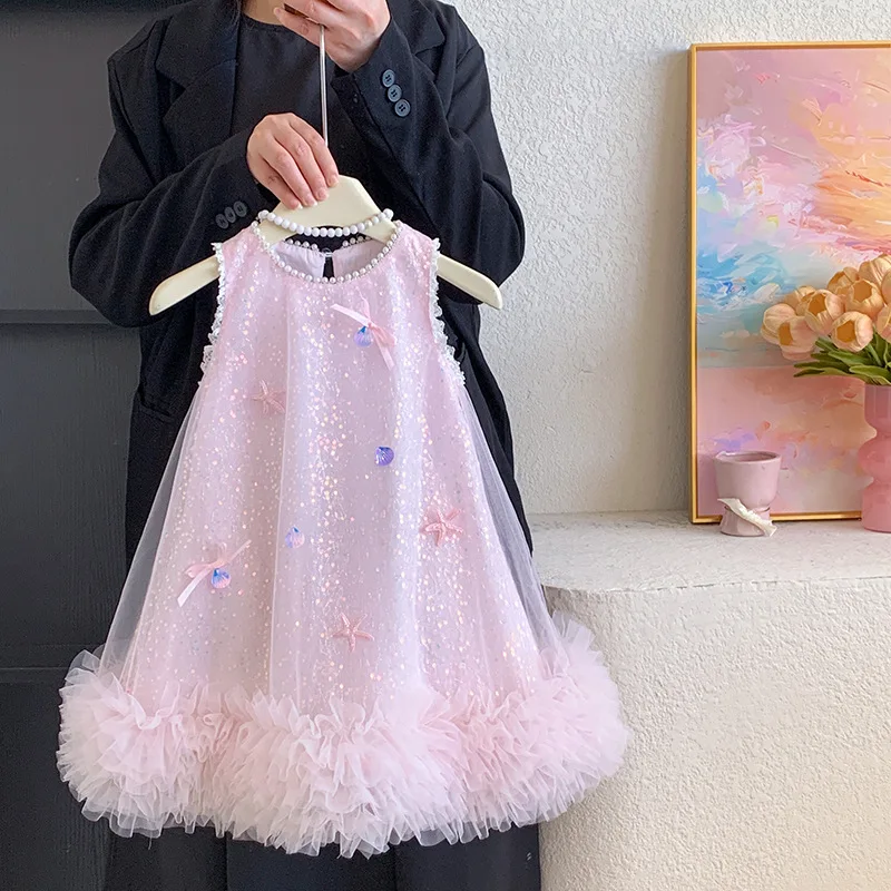 Princess dress 2026 new girls clothes summer beautiful sequined mesh dresses