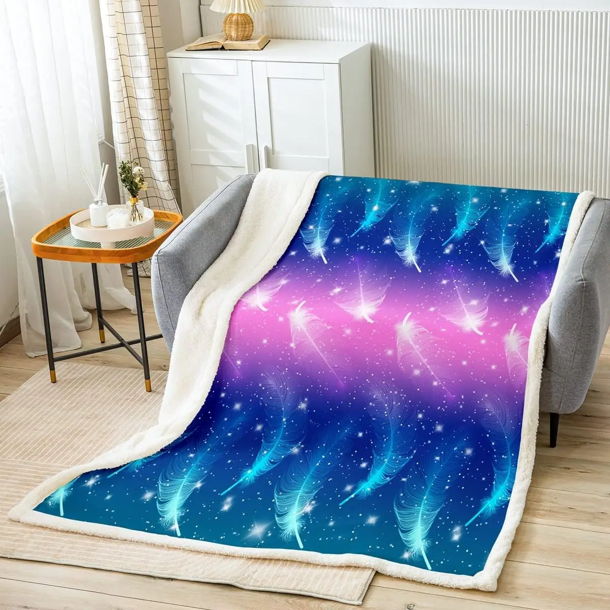 Feather Throw Blanket Watercolor Purple Blue Blankets for Kids Girls Boys Teens Room Decor Fantasy Starry Galaxy Fleece