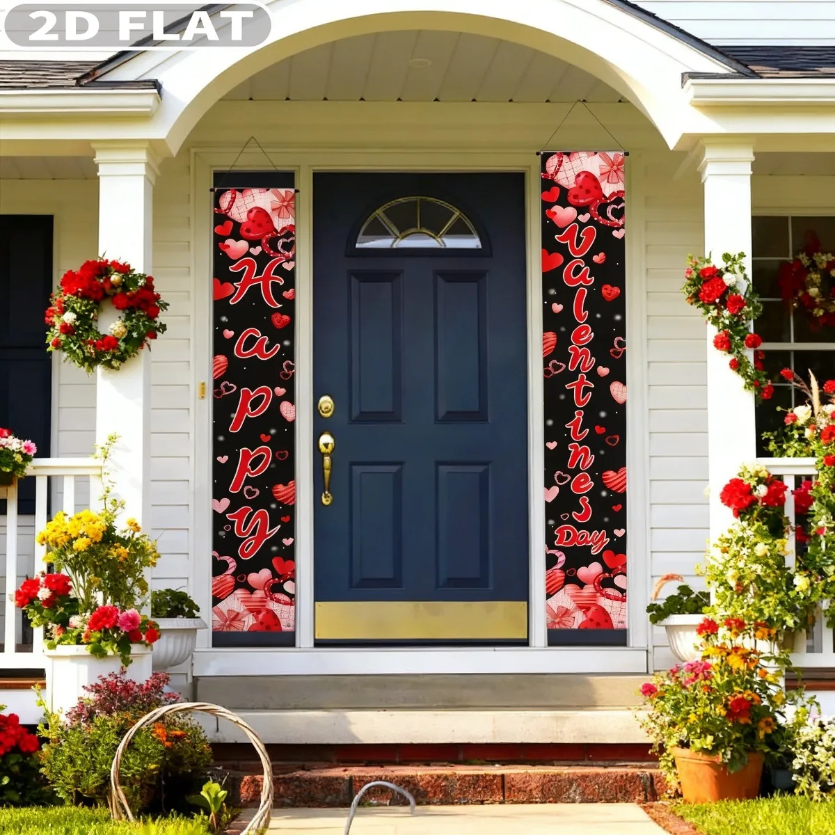 1pair Happy Valentine's Day Hanging Decor with Hanging Rods and Ropes, Polyester 1x6 FT Porch Sign Heart-Shaped Decor Porch Sign