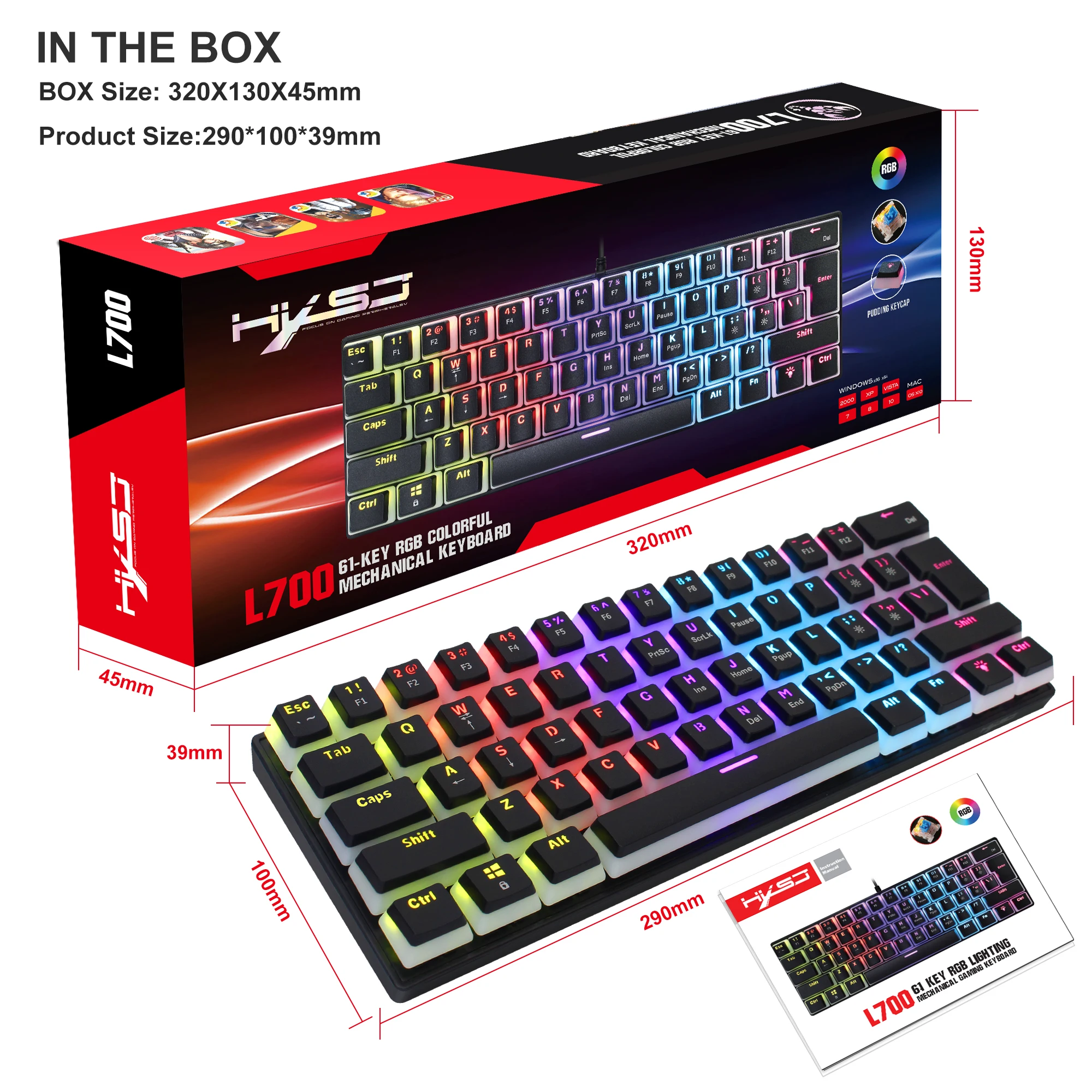 Imagem -06 - Teclas Wired Gaming Keyboard Rgb Backlit com Pudim Keycaps Interface Usb para Jogos de Console Portátil Nova Chegada Hxsj-l700 61