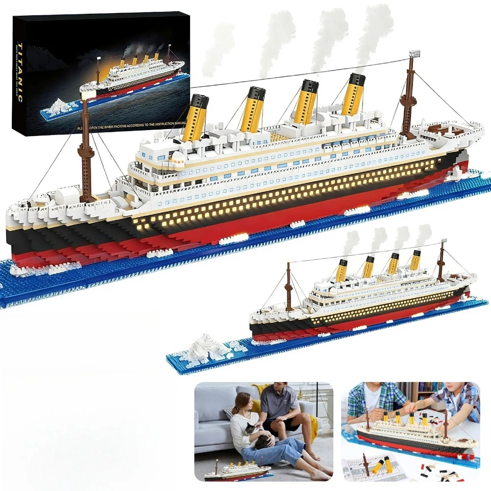 4100 elementów klocków do budowy statku Titanic, wbudowane oświetlenie LED, wysokiej jakości klasyczny model okrętu wycieczkowego, zestaw do samodzielnego montażu, idealny prezent świąteczny dla