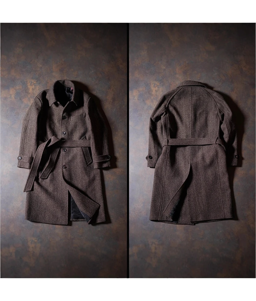 

Vintage, Herringbone pattern, tweed, men's trench coat wool long coat for winter High Quality Business office jacket with belt