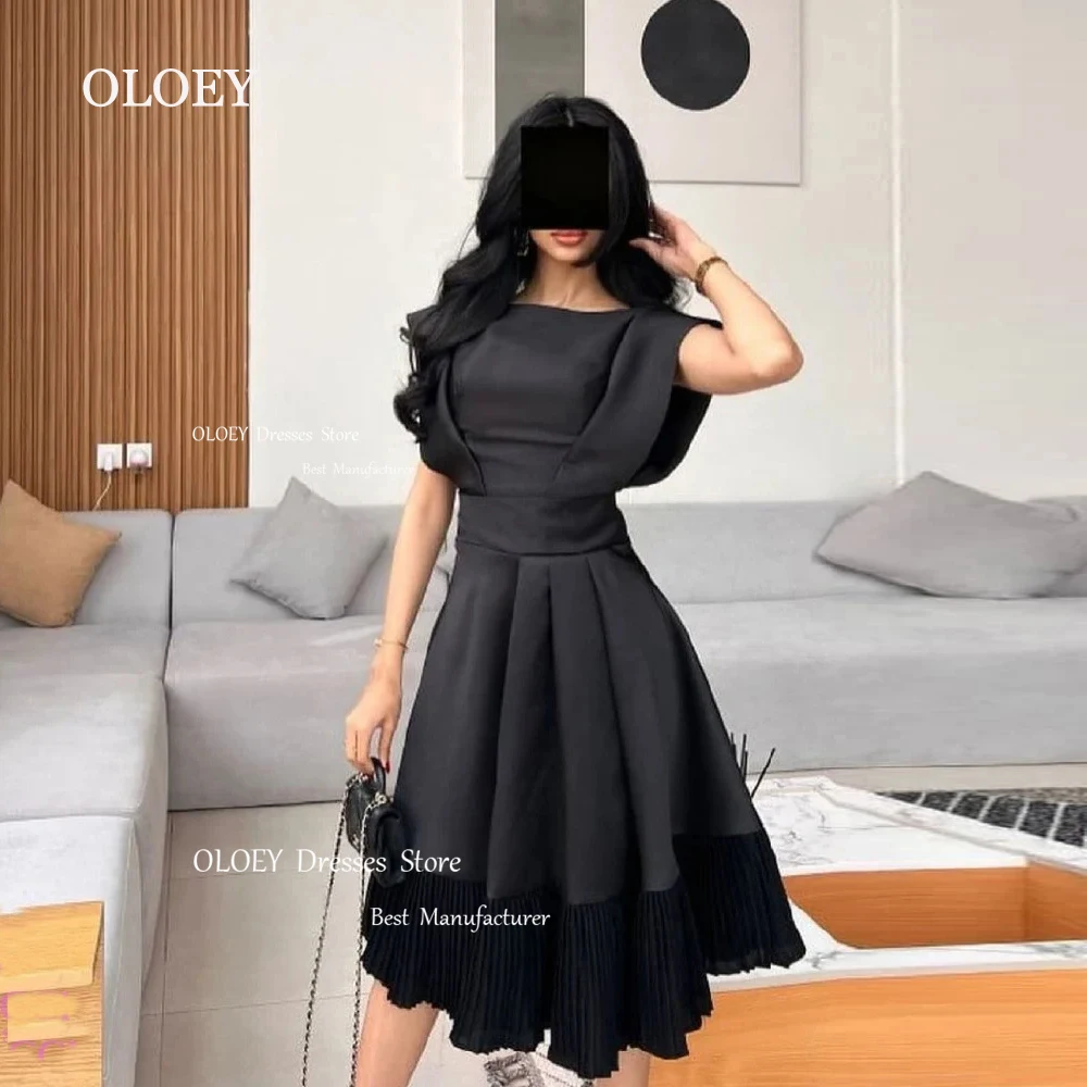 

OLOEY Modest Black Evening Dresses Women Saudi Arabia A-Line Short Sleeves Knee Length Wedding Party Dresses Prom Dress Custom