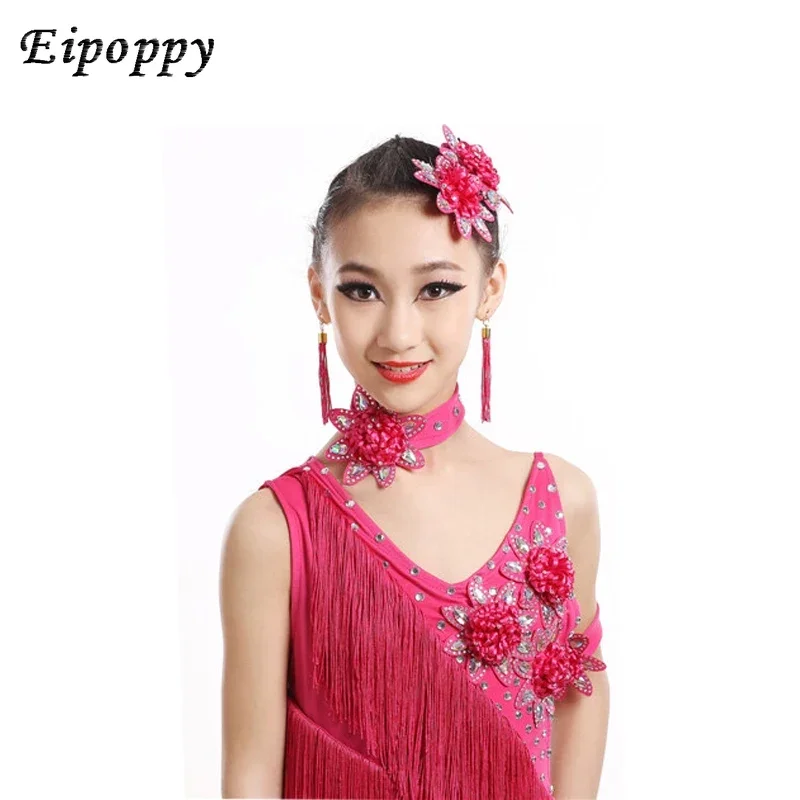 ชุดเต้นรำงานบอลรูมสำหรับเด็กผู้หญิงชุดเดรสสีแดงประดับพู่ซัลซ่า