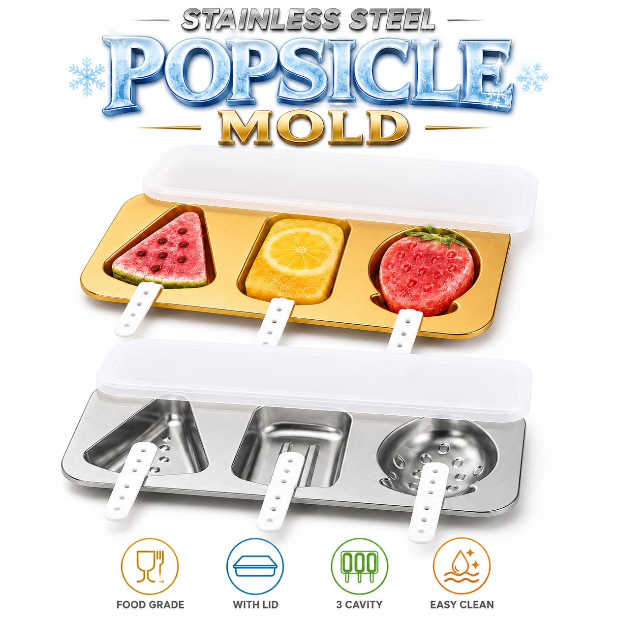 Moldes de Acero Inoxidable de Grado Alimenticio para Helados, Moldes Reutilizables para Hacer Helados Caseros con Tapa y Palitos