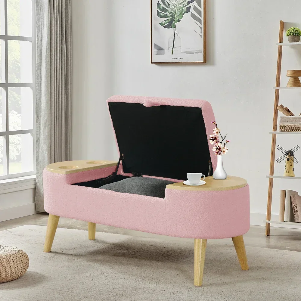 Ottoman Oval Storage Bench 3D Pile Fabric Bench with Large Storage Space for Living Room, Entryway and Bedroom inpink