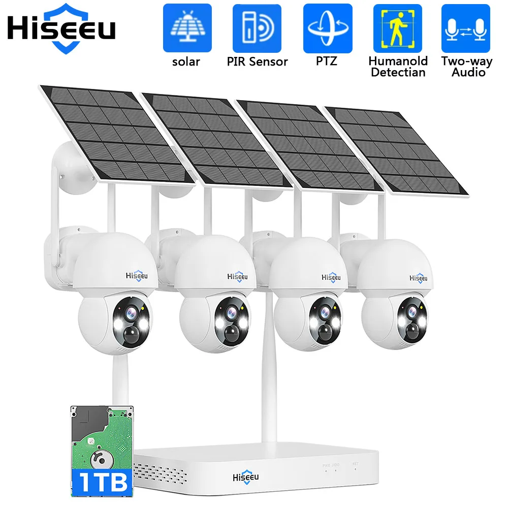 Hiseeu 4MP WiFi PTZ Solar IP Camera Security System Kit Night Vision Human Detection P2P Two-Way Audio 10CH NVR CCTV Camera Set