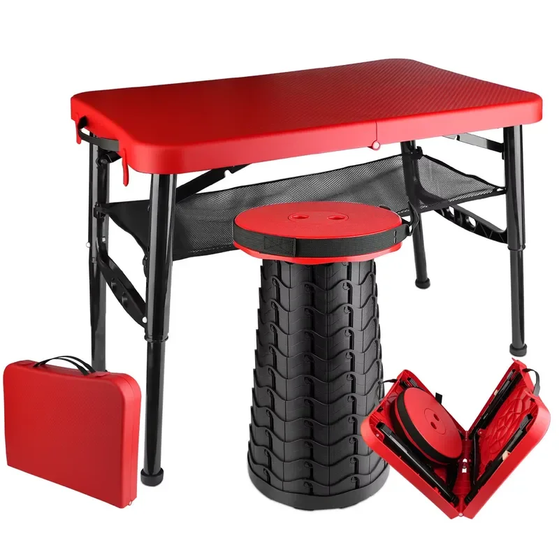 Portable Folding Table with Storage Rack Adjustable Plastic Frame for Outdoor Picnic Camping Garden Lightweight Compact