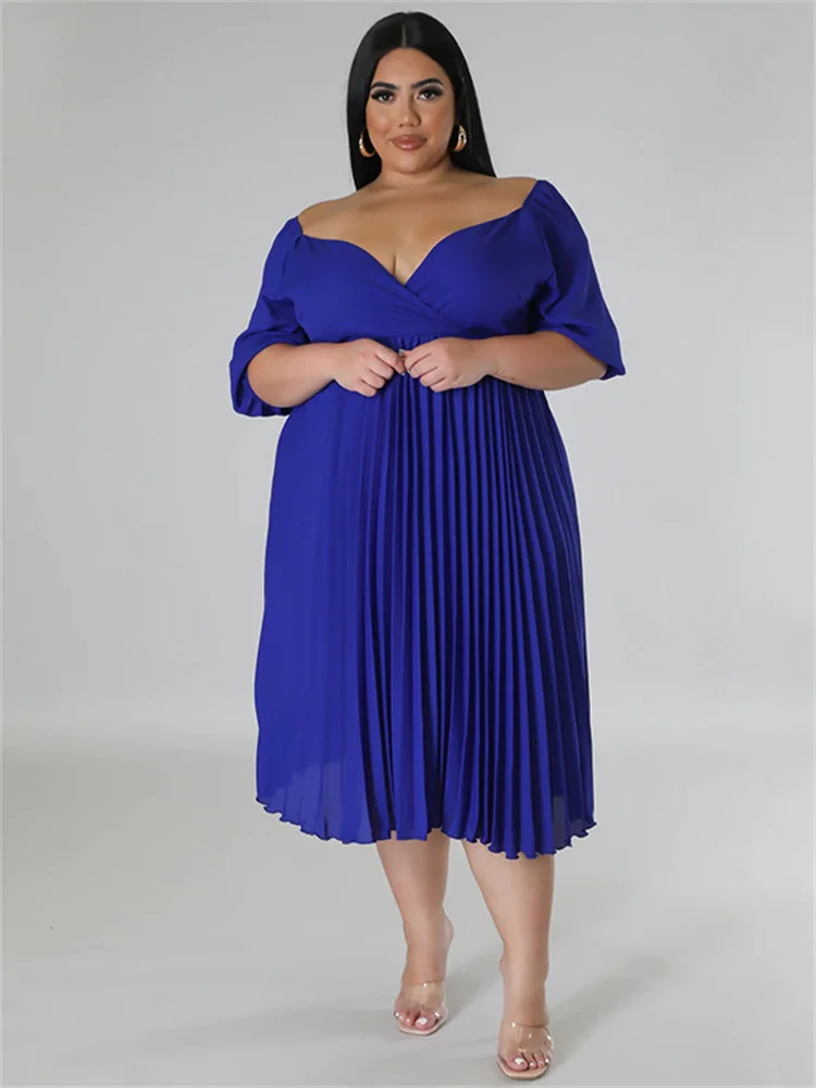 Wmstar Plus Size damskie sukienki na imprezę z solidnym dekoltem w szpic sukienka Maxi modne plisowane stroje sprzedaż hurtowa Dropshipping