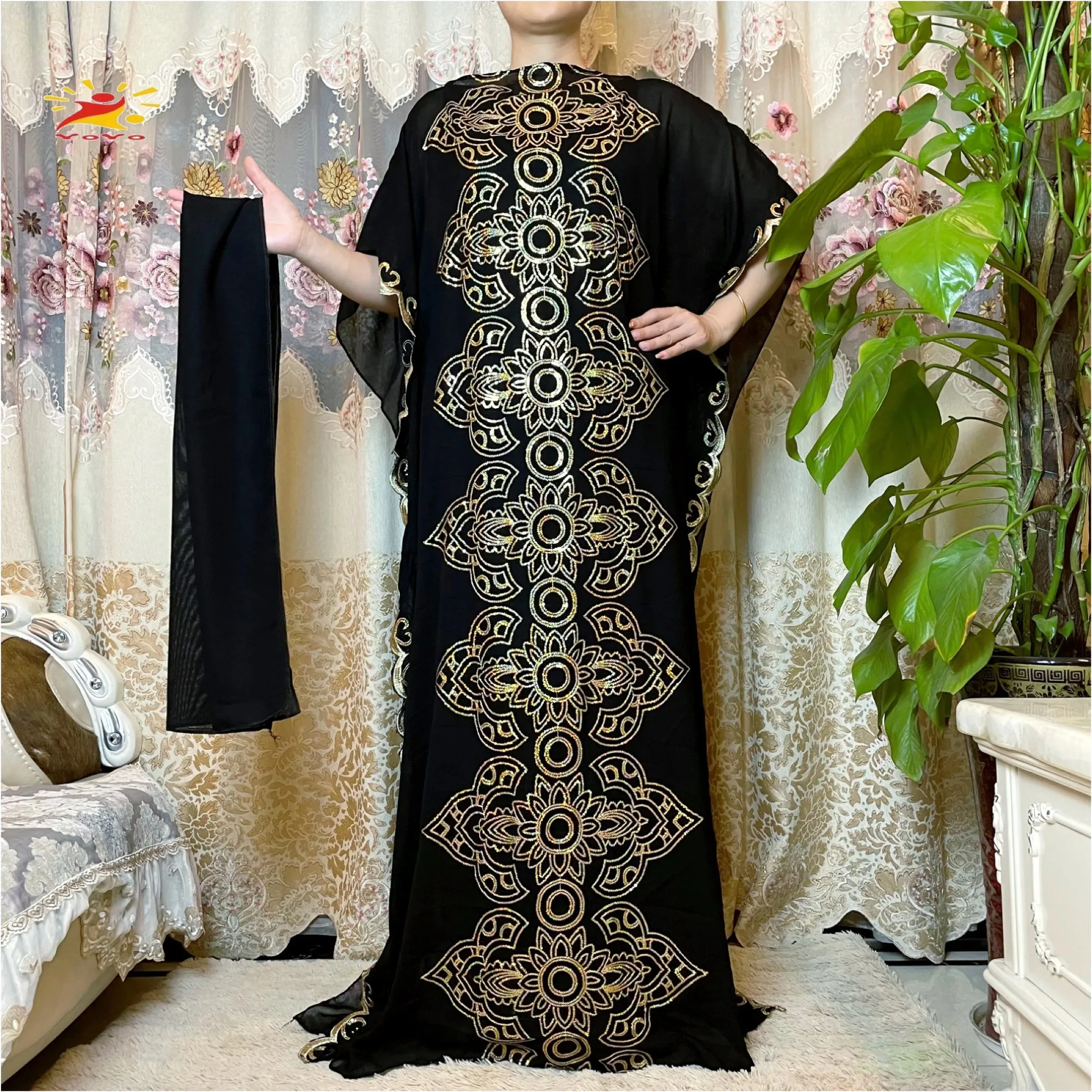 2021 New Arrival African Embroidery Flower Dresse With Scarf Big Size Women Muslim Sequin Embroidery Long Black Lady Clothes