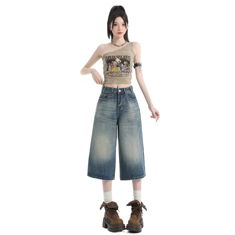 

Retro Blue Seven-inch Jeans for Women's Summer 2025 New High-waisted, Loose and Slimming Straight-leg American Wide-leg Pants
