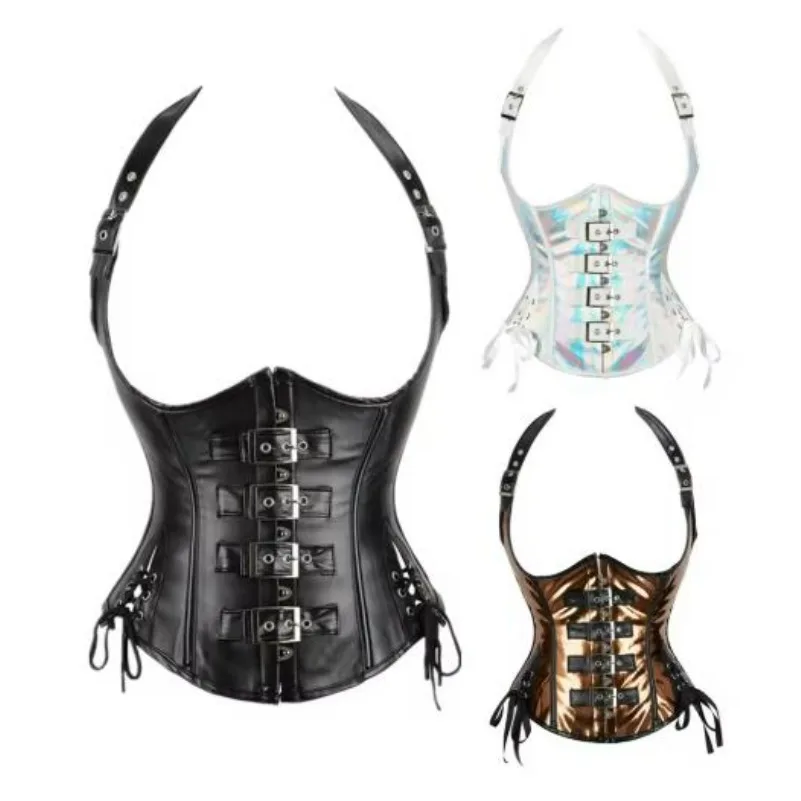 

Корсет из искусственной кожи в стиле стимпанк, топ с лямкой на шее, сексуальные бюстье на шнуровке, тонкая талия, корректирующее белье, женский пояс для похудения