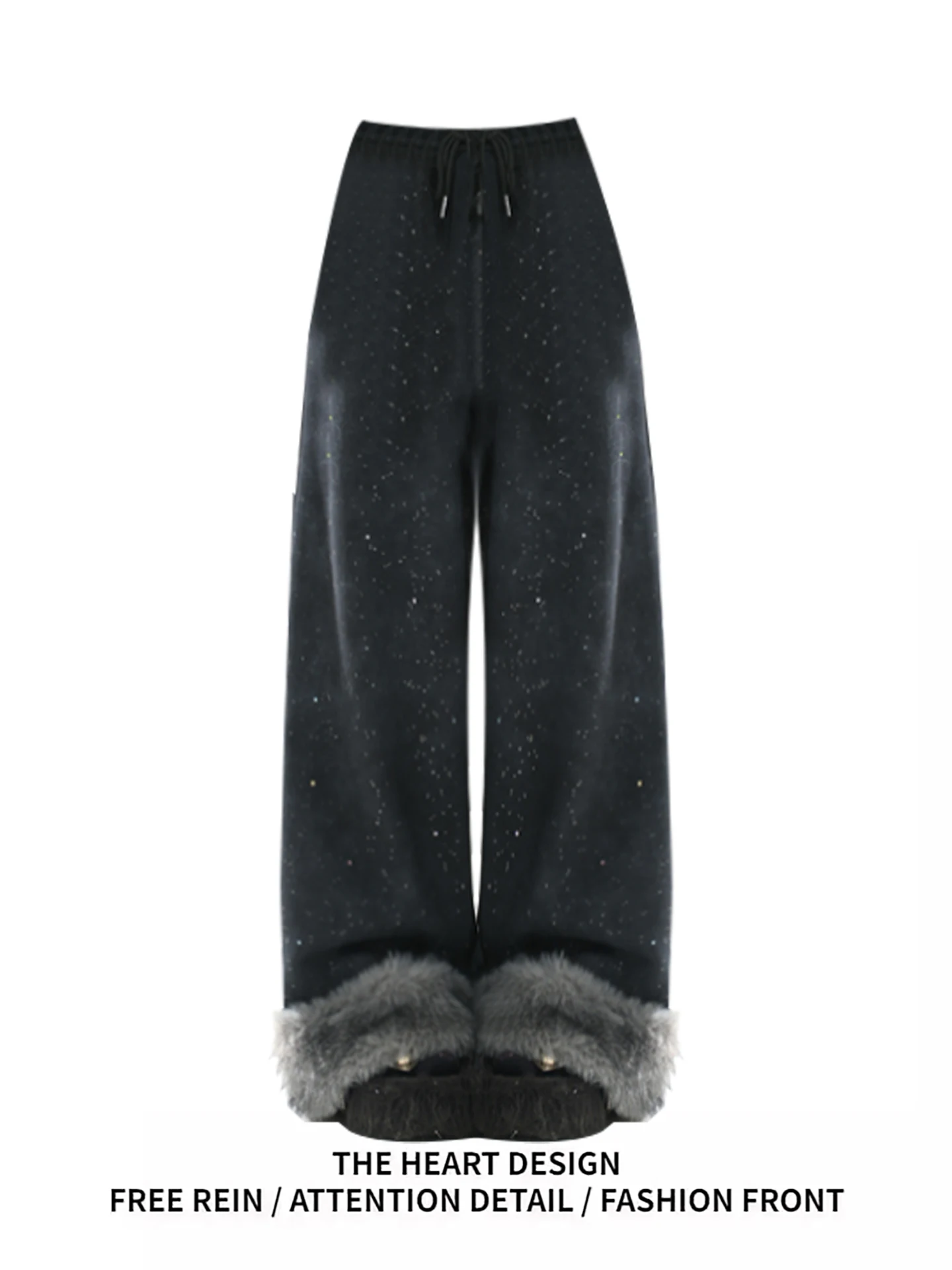 

Casual Loose Straight Leg Pants Women's Autumn Winter Design Sense Furry Patchwork Starry Sparkling Diamond Sport Sweatpants