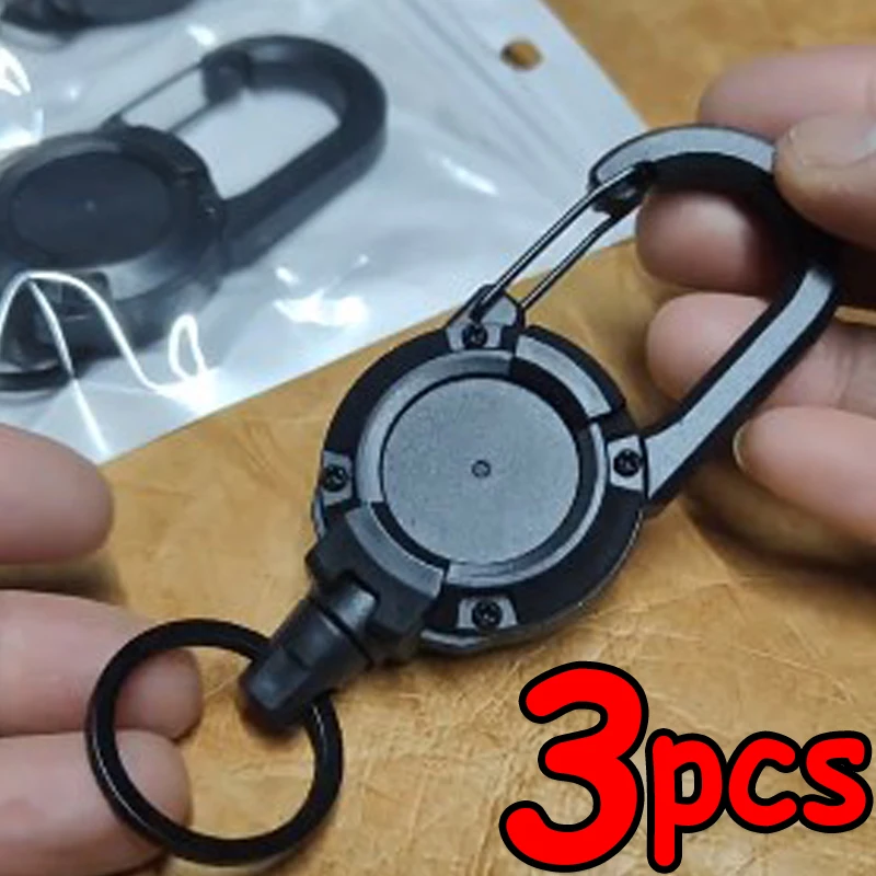 Emblemas retráteis pesados, ID Reel Mosquetão Chaveiro Corda de fio de aço, Buckle Key Holder, Ferramentas ao ar livre Keychain, 1 Pc, 3Pcs