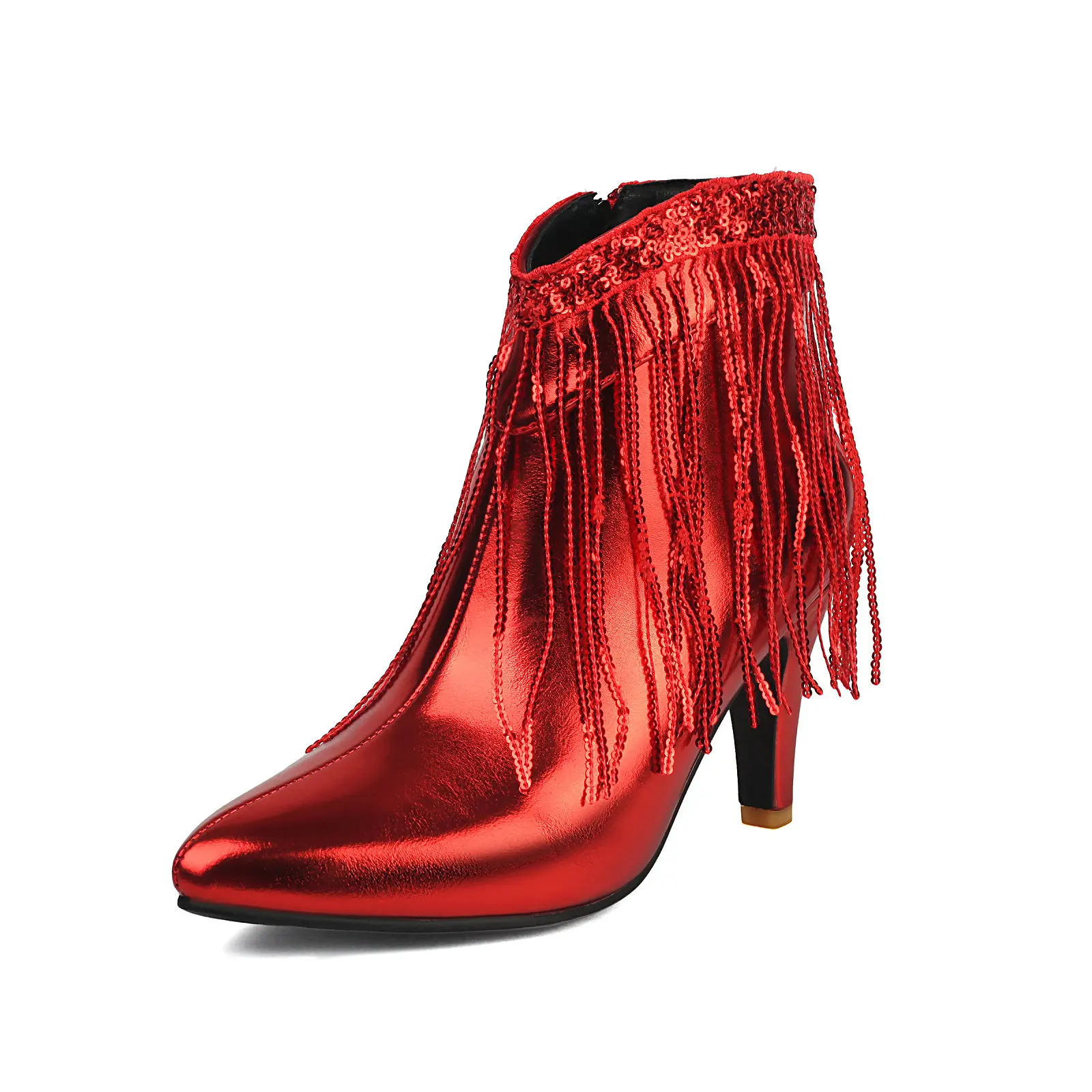 

Sparkly Fringe Short Boots for Women Bling Spike Heels Shoes Cowboy Style Sequins Pointed Toe Party Walkwear