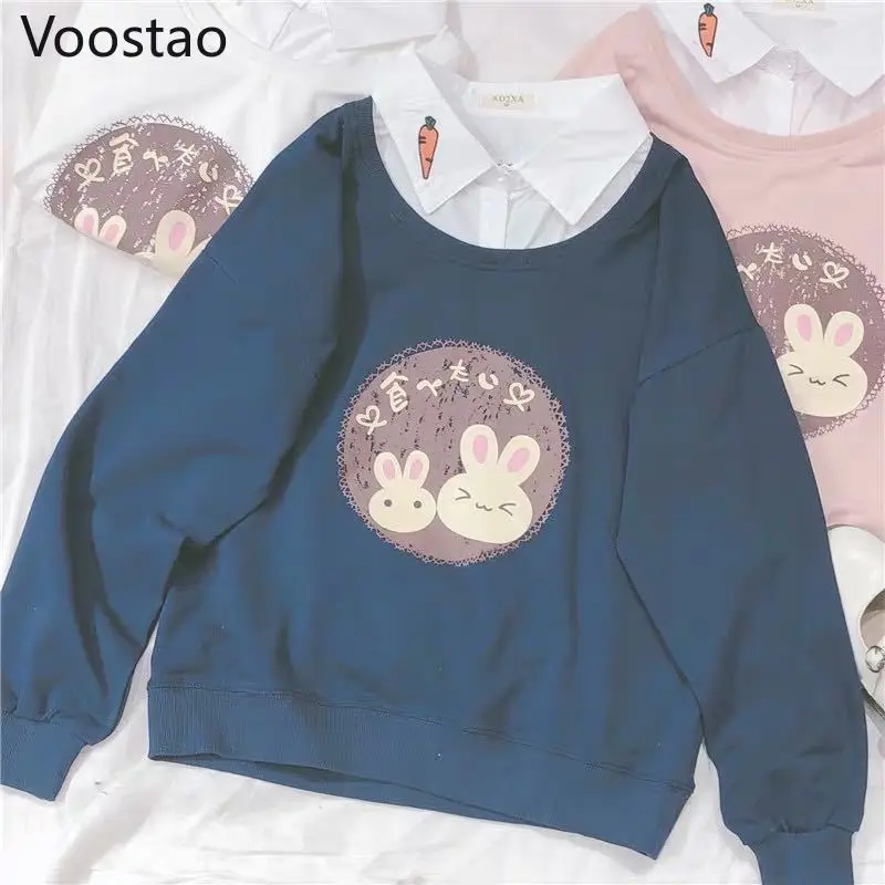 Sweet Loose Lolita Sweatshirt Spring Women Cute Fake Two Pieces Korean Cartoon Rabbit Print Hoodies Girly Autumn Pullover Tops