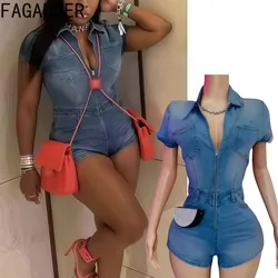 FAGADOER Spring New Fashion Denim Rompers Women Short Sleeve Zipper Patchwork One Piece Jeans Jumpsuit Female Stretchy Overalls