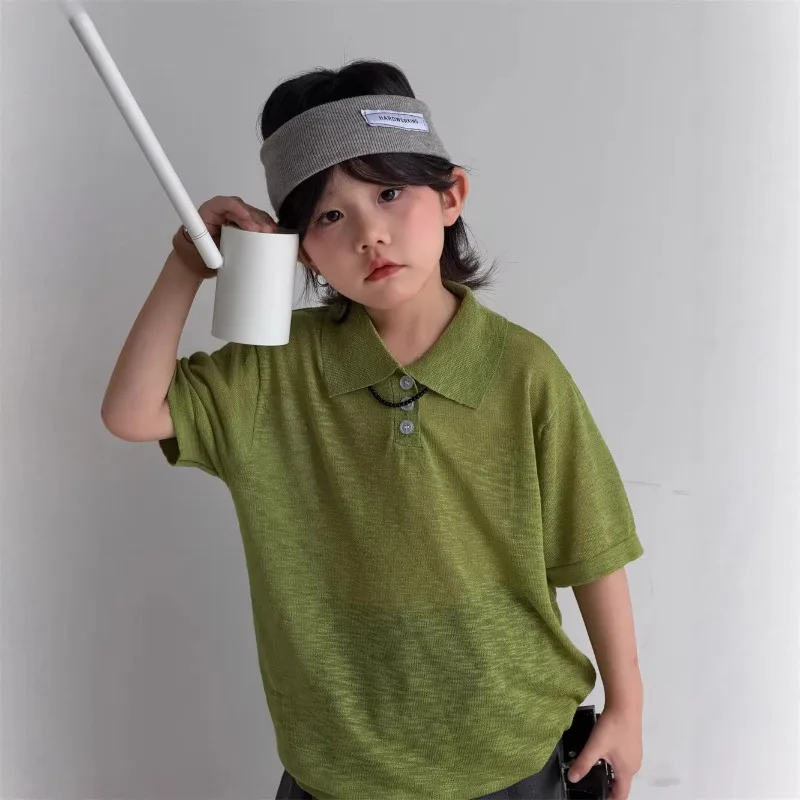 Korean Retro Boys Summer Ice Silk Linen Knit Cool Breathable Soft and Sticky Drape Thin Style with A Half Sleeved Collar