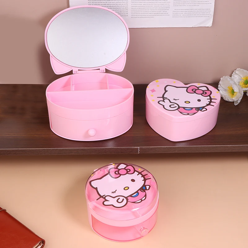 Kawaii Sanrio Hello Kitty Storage Box Sanrio KT Cat Bedroom Desktop Mirror Cute Girly Heart Jewelry Box Cosmetic Organizing Box