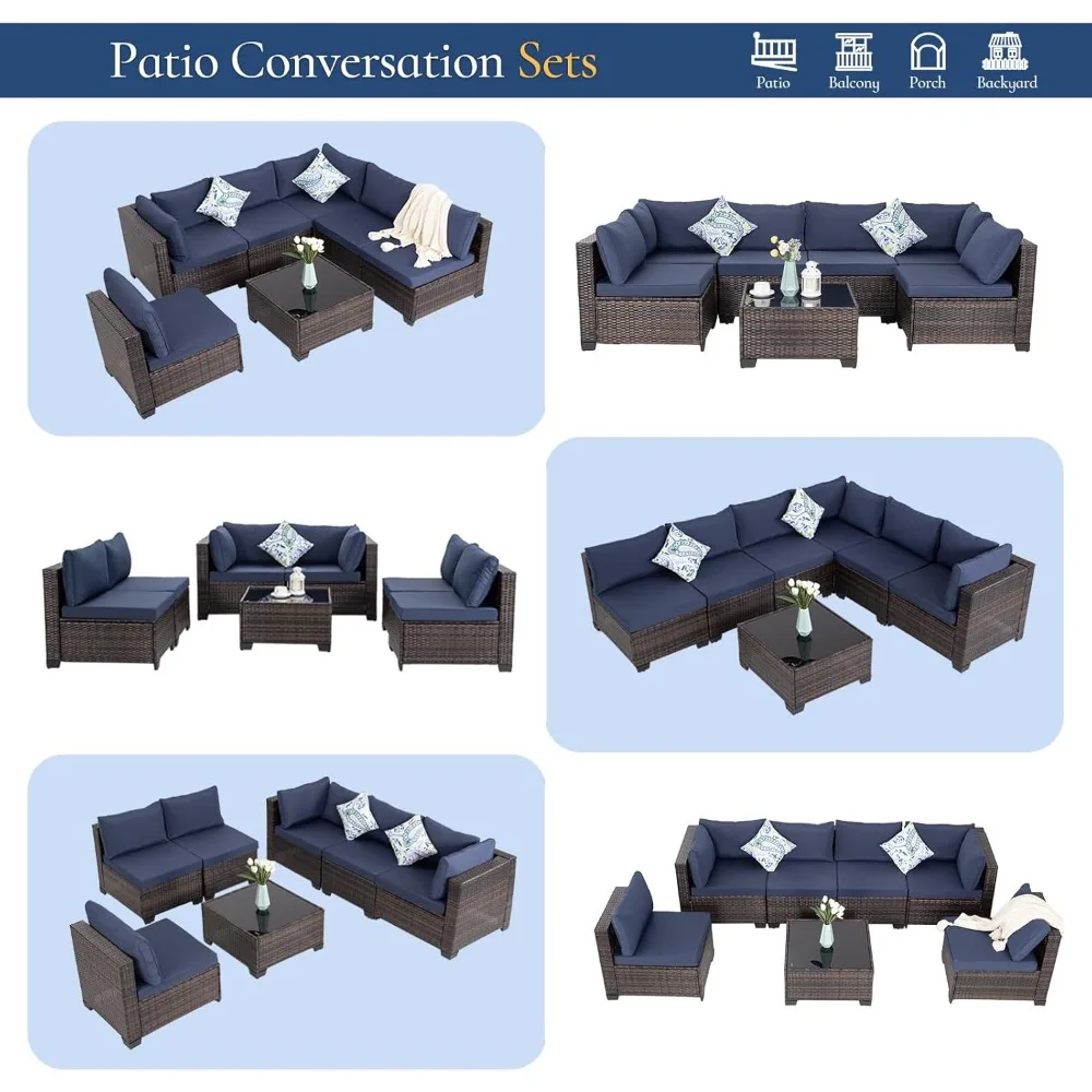 7-delige terrasmeubilairset, rieten sectionele bankstel rotan modulaire terrasconversatiesets met kussens bankstel en tafel