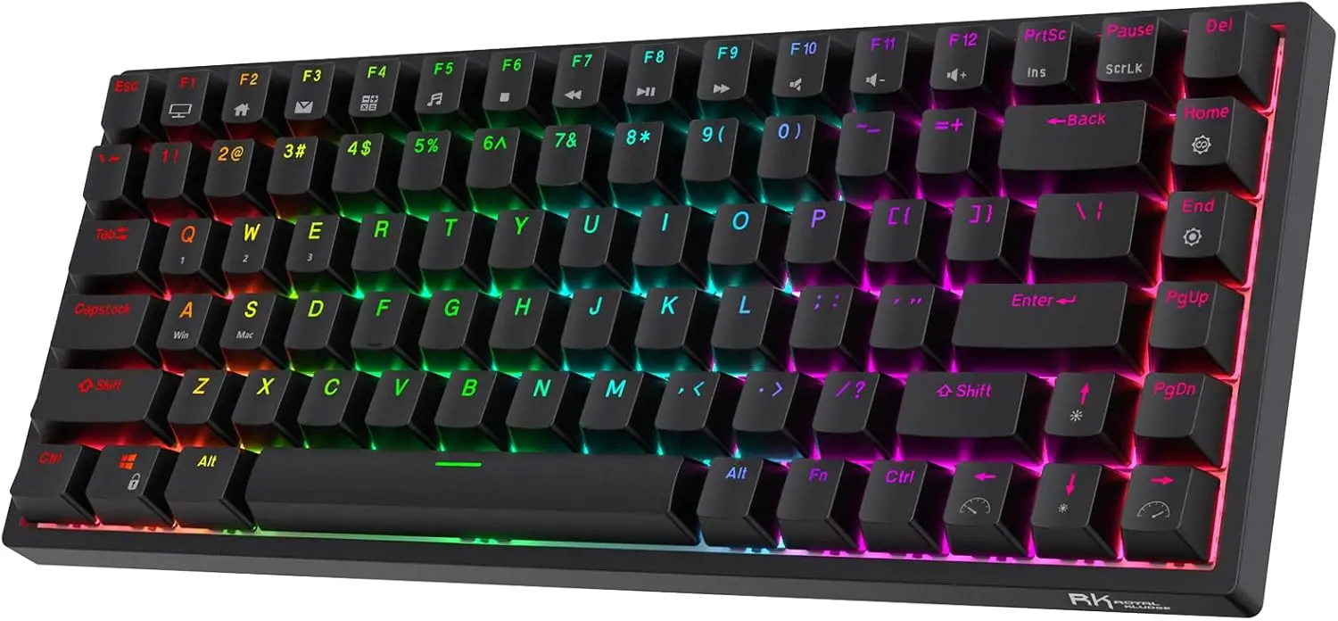 

Беспроводная механическая клавиатура RGB 75% с тремя режимами подключения, 84 клавиши, возможностью горячей замены, тихими красными переключателями и аккумулятором большой емкости